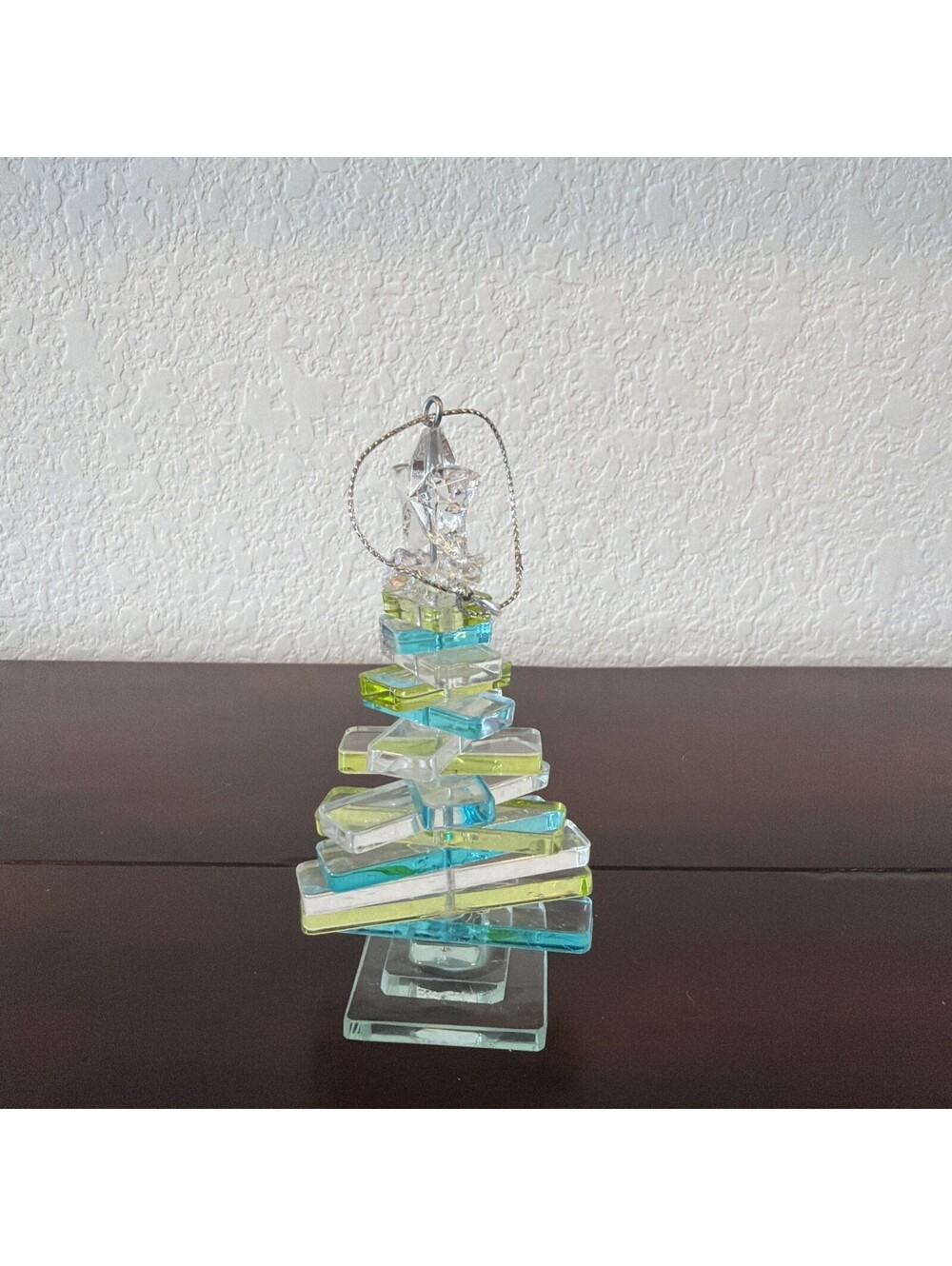 Vintage blue green clear stacked acrylic glass Christmas tree ornament 5" tall
